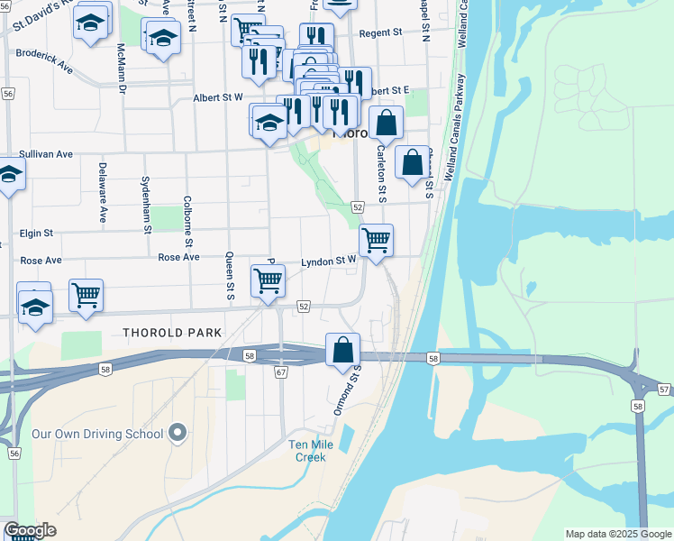 map of restaurants, bars, coffee shops, grocery stores, and more near 32 Cleveland Street in Thorold