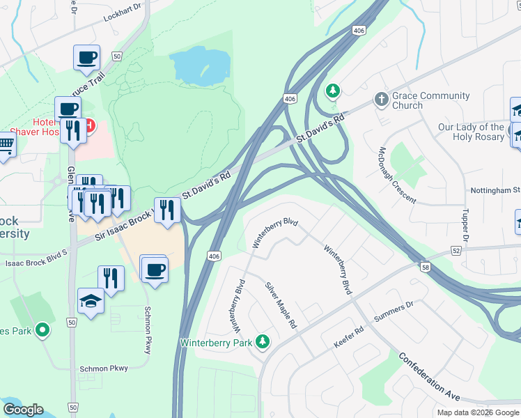 map of restaurants, bars, coffee shops, grocery stores, and more near 135 Winterberry Boulevard in Thorold