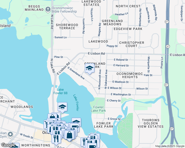 map of restaurants, bars, coffee shops, grocery stores, and more near 440 East Coolidge Street in Oconomowoc