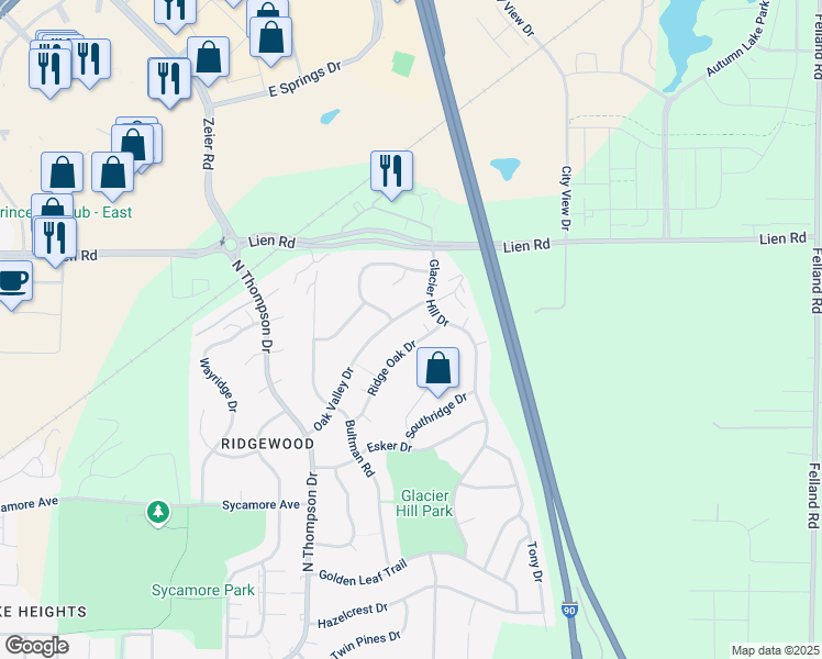 map of restaurants, bars, coffee shops, grocery stores, and more near 5234 Ridge Oak Drive in Madison