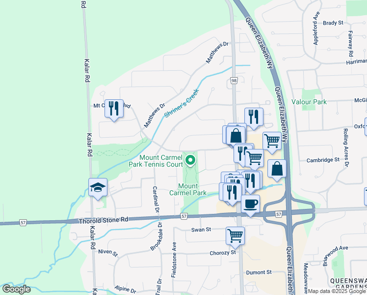 map of restaurants, bars, coffee shops, grocery stores, and more near 7860 Bernadette Crescent in Niagara Falls