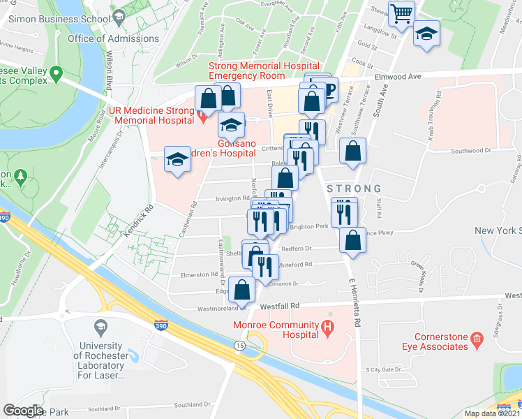 map of restaurants, bars, coffee shops, grocery stores, and more near 56 Lattimore Road in Rochester
