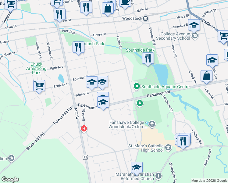 map of restaurants, bars, coffee shops, grocery stores, and more near 309 Robinson Street in Woodstock