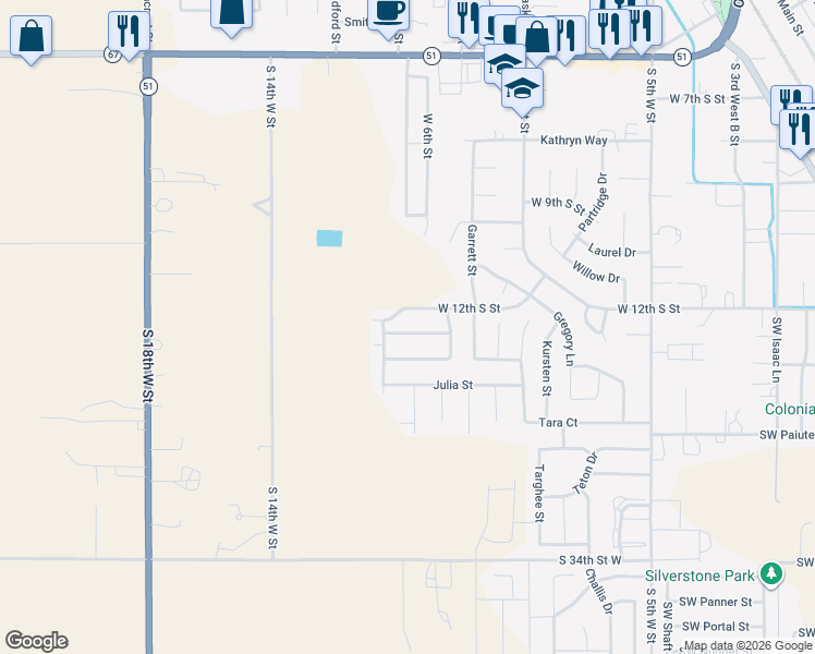 map of restaurants, bars, coffee shops, grocery stores, and more near 1100 Southwest Bonnie Street in Mountain Home