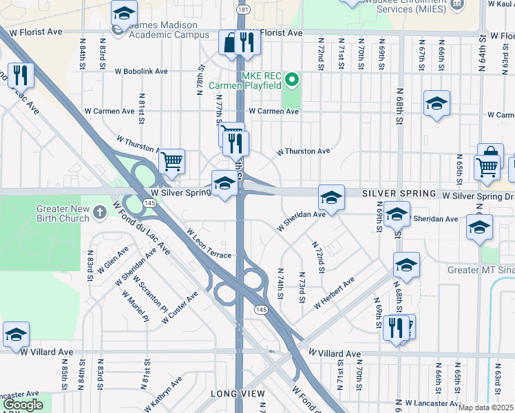 map of restaurants, bars, coffee shops, grocery stores, and more near 7515 West Silver Spring Drive in Milwaukee