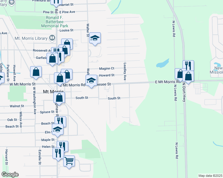 map of restaurants, bars, coffee shops, grocery stores, and more near 7507 Braymont Street in Mount Morris