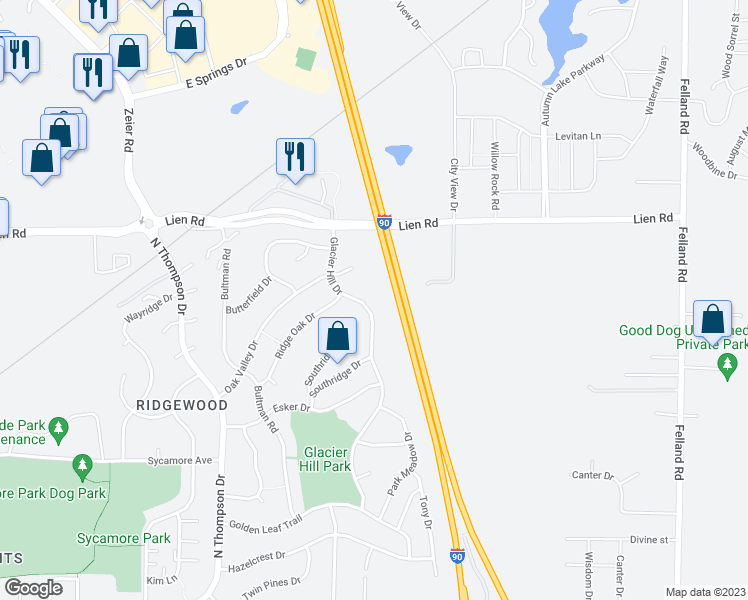 map of restaurants, bars, coffee shops, grocery stores, and more near 1329 Glacier Hill Drive in Madison