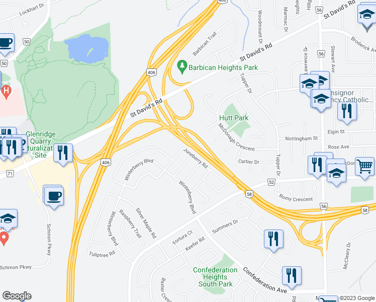 map of restaurants, bars, coffee shops, grocery stores, and more near Juneberry Road in Thorold