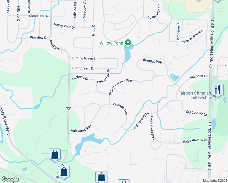 map of restaurants, bars, coffee shops, grocery stores, and more near 26 Olde Prestwick Way in Penfield