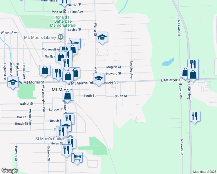 map of restaurants, bars, coffee shops, grocery stores, and more near 11706 Temperance Street in Mount Morris