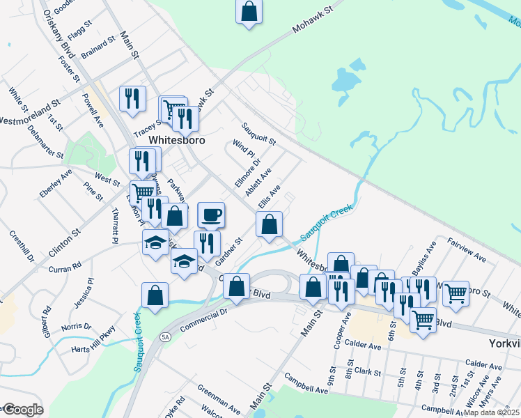 map of restaurants, bars, coffee shops, grocery stores, and more near 32 Main Street in Whitesboro