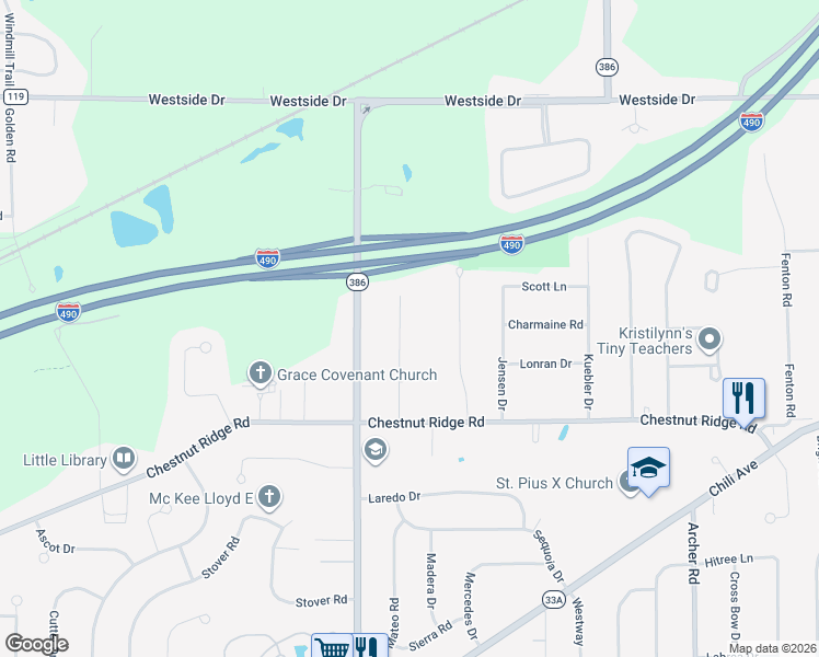 map of restaurants, bars, coffee shops, grocery stores, and more near 24 Tarrytown Drive in Rochester