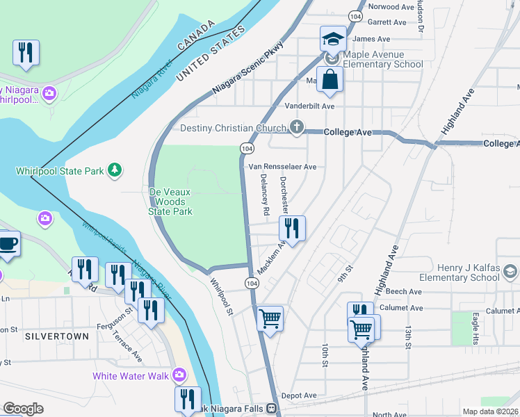map of restaurants, bars, coffee shops, grocery stores, and more near 3025 Lewiston Road in Niagara Falls