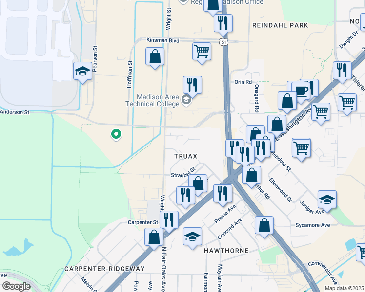 map of restaurants, bars, coffee shops, grocery stores, and more near 1511 Wright Street in Madison