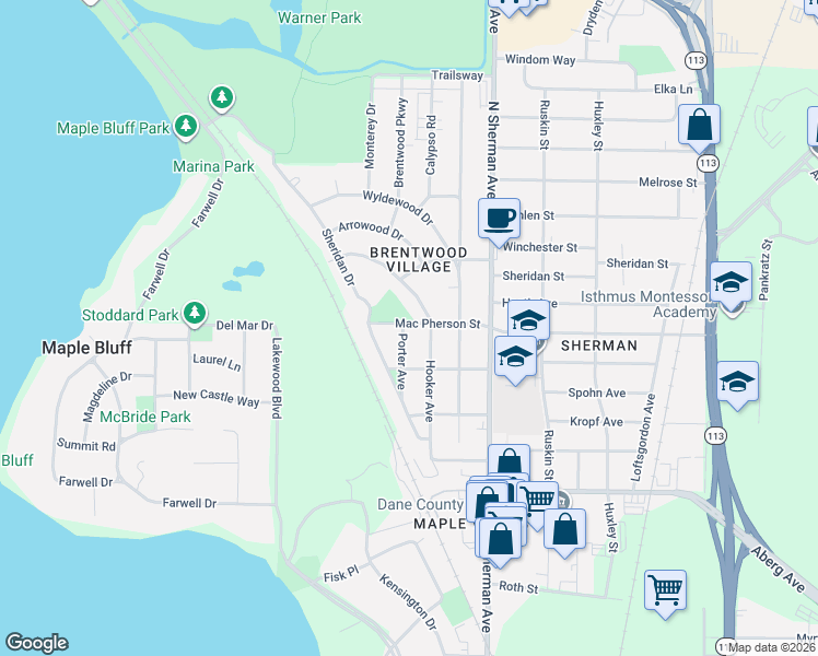 map of restaurants, bars, coffee shops, grocery stores, and more near 1733 Porter Avenue in Madison