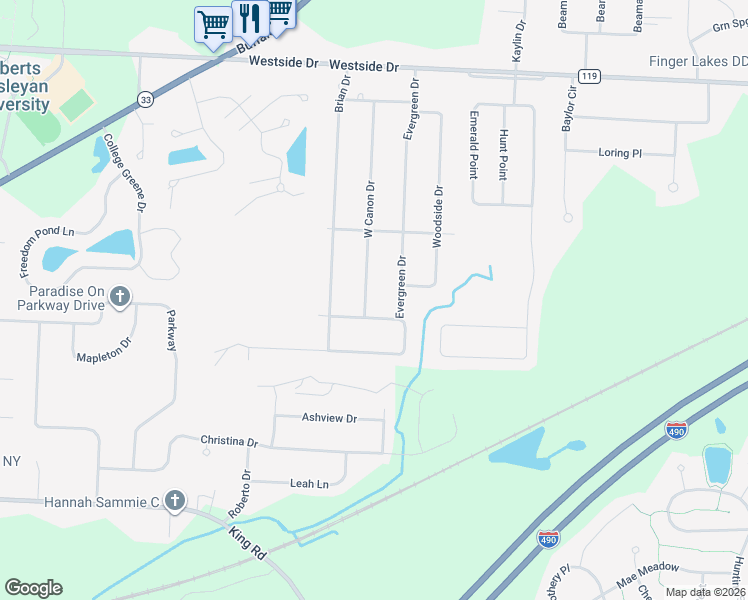 map of restaurants, bars, coffee shops, grocery stores, and more near 46 West Canon Drive in Rochester