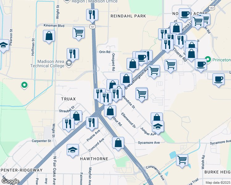 map of restaurants, bars, coffee shops, grocery stores, and more near 3762 East Washington Avenue in Madison