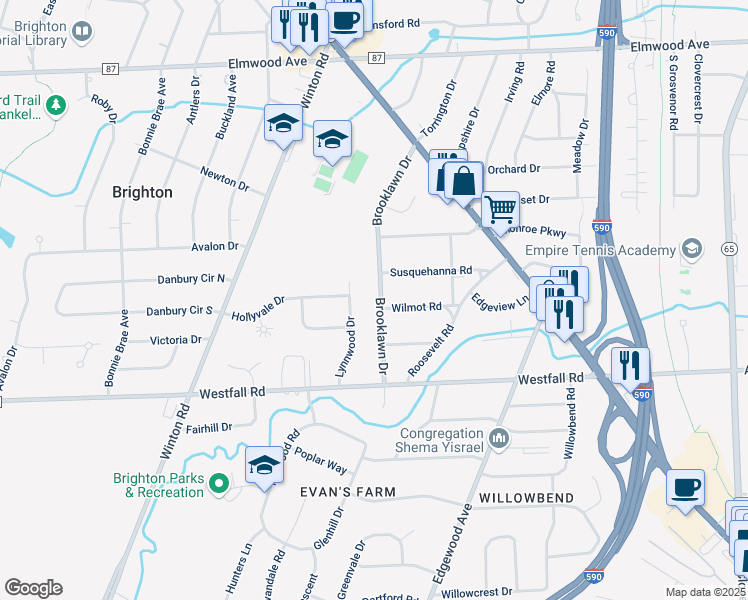 map of restaurants, bars, coffee shops, grocery stores, and more near 255 Brooklawn Drive in Rochester