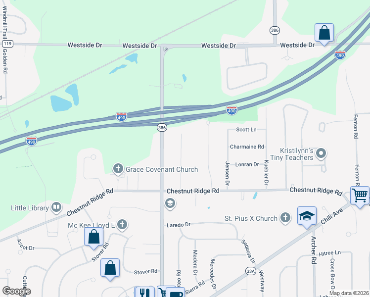 map of restaurants, bars, coffee shops, grocery stores, and more near 24 Tarrytown Drive in Rochester