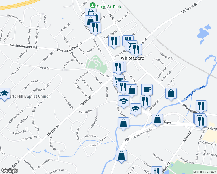 map of restaurants, bars, coffee shops, grocery stores, and more near 14 Tharratt Place in Whitesboro