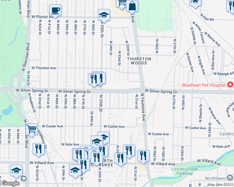 map of restaurants, bars, coffee shops, grocery stores, and more near 5569 North 33rd Street in Milwaukee