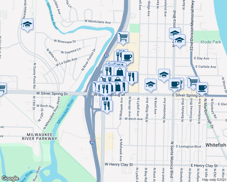 map of restaurants, bars, coffee shops, grocery stores, and more near 480 West Silver Spring Drive in Glendale