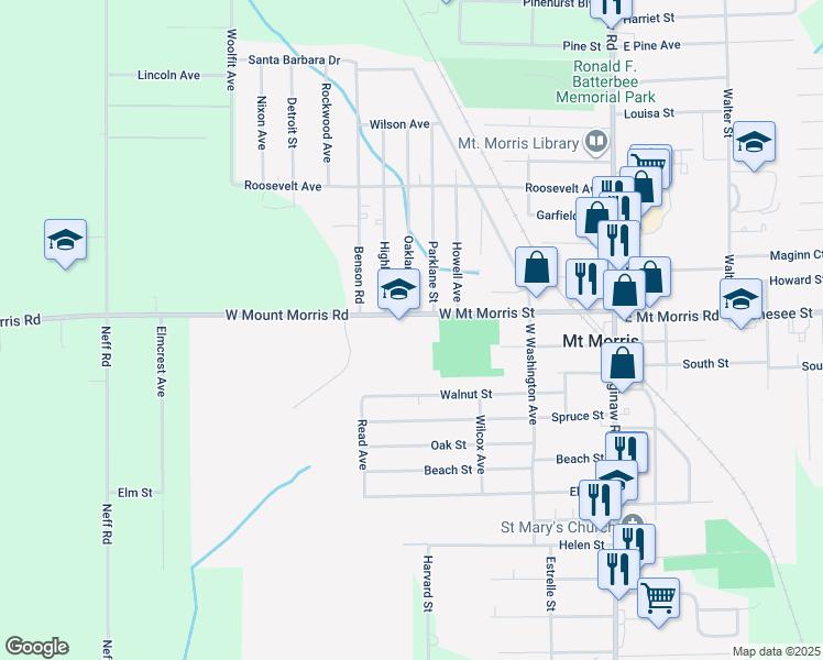 map of restaurants, bars, coffee shops, grocery stores, and more near 344 West Mount Morris Street in Mount Morris