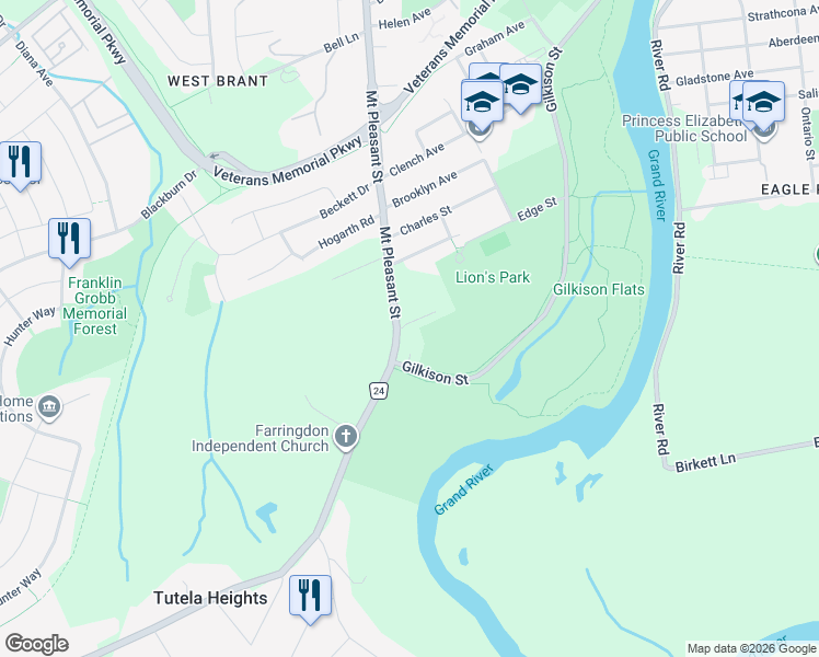 map of restaurants, bars, coffee shops, grocery stores, and more near 242 Mount Pleasant Street in Brantford