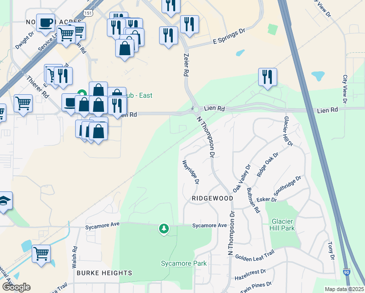 map of restaurants, bars, coffee shops, grocery stores, and more near 1614 North Thompson Drive in Madison