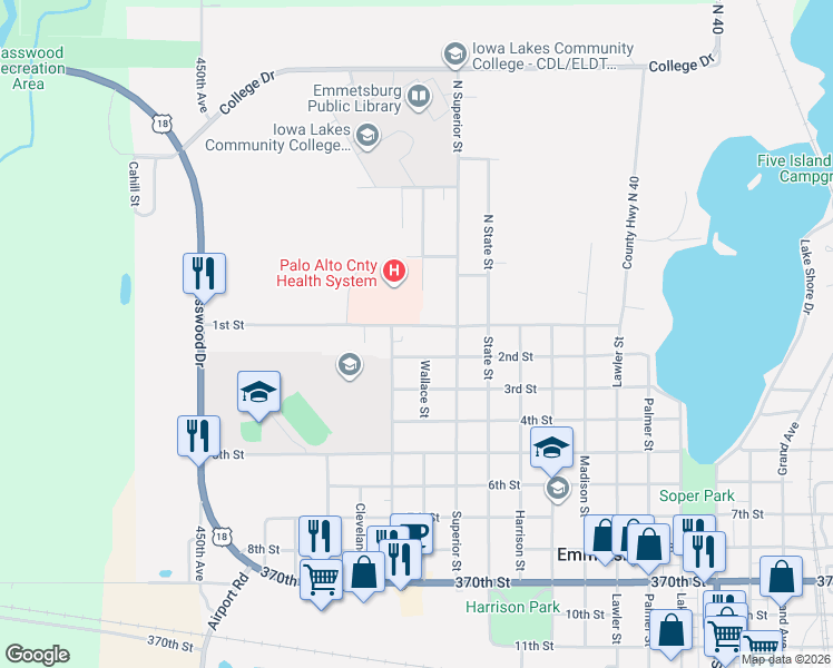 map of restaurants, bars, coffee shops, grocery stores, and more near 102 King Street in Emmetsburg