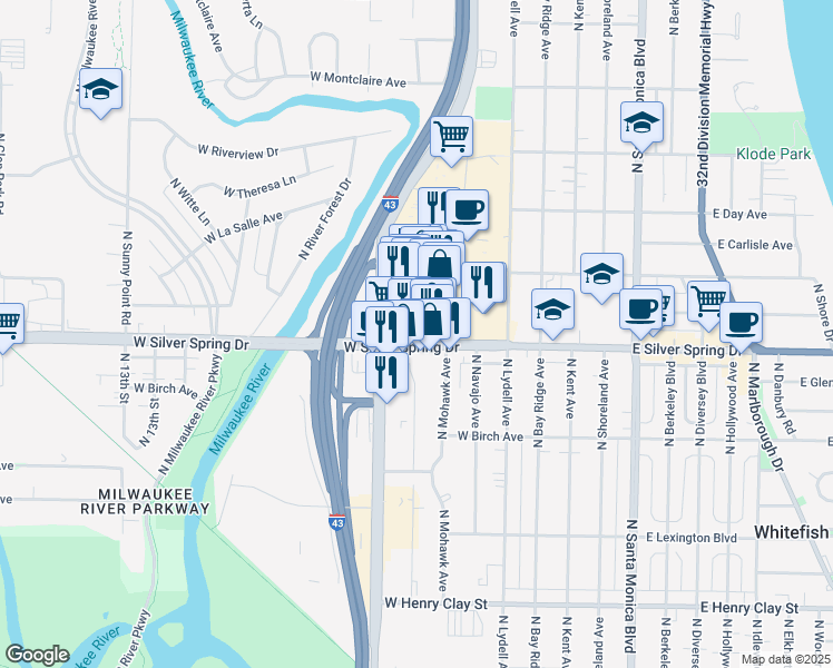 map of restaurants, bars, coffee shops, grocery stores, and more near 480 West Silver Spring Drive in Glendale