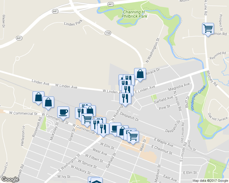 map of restaurants, bars, coffee shops, grocery stores, and more near 950 W Linden Ave in East Rochester