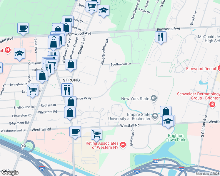 map of restaurants, bars, coffee shops, grocery stores, and more near 250 Science Parkway in Rochester