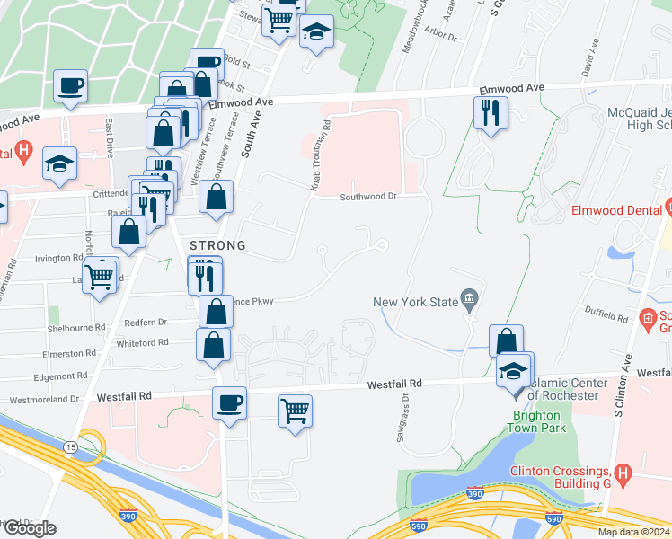map of restaurants, bars, coffee shops, grocery stores, and more near 250 Science Parkway in Rochester