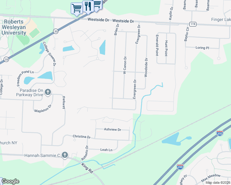 map of restaurants, bars, coffee shops, grocery stores, and more near 60 Brian Drive in Rochester