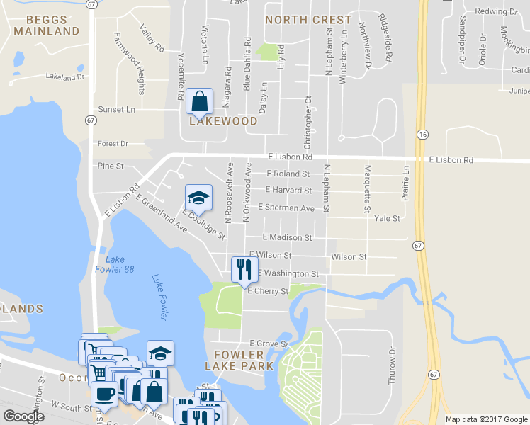 map of restaurants, bars, coffee shops, grocery stores, and more near 631 East Sherman Avenue in Oconomowoc