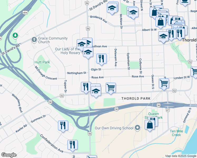 map of restaurants, bars, coffee shops, grocery stores, and more near 105 Rose Avenue in Thorold