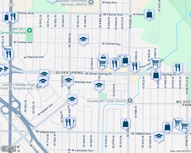 map of restaurants, bars, coffee shops, grocery stores, and more near 5557 North 64th Street in Milwaukee
