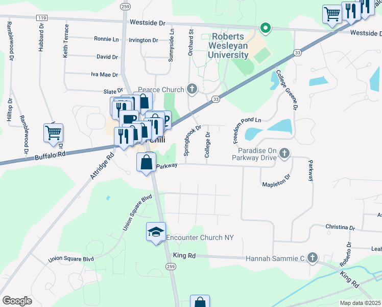 map of restaurants, bars, coffee shops, grocery stores, and more near 10 Springbrook Drive in North Chili