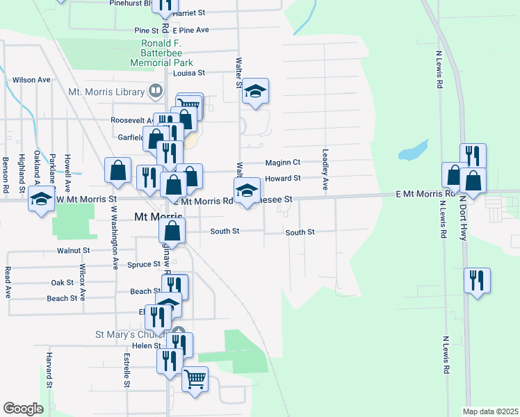 map of restaurants, bars, coffee shops, grocery stores, and more near 11706 Temperance Street in Mount Morris
