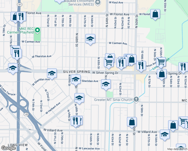 map of restaurants, bars, coffee shops, grocery stores, and more near 6525 West Silver Spring Drive in Milwaukee