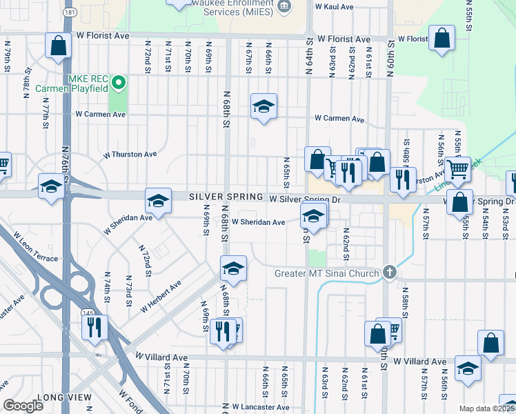 map of restaurants, bars, coffee shops, grocery stores, and more near 6699 West Silver Spring Drive in Milwaukee