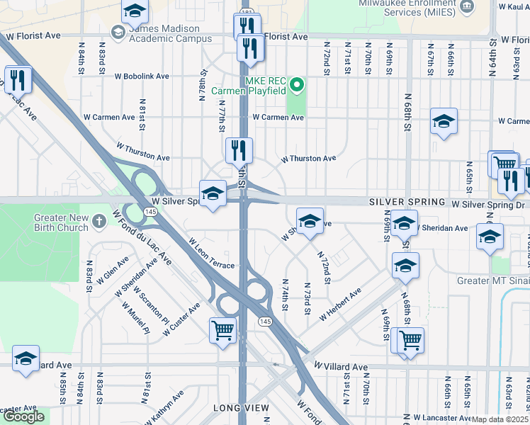 map of restaurants, bars, coffee shops, grocery stores, and more near 7515 West Silver Spring Drive in Milwaukee