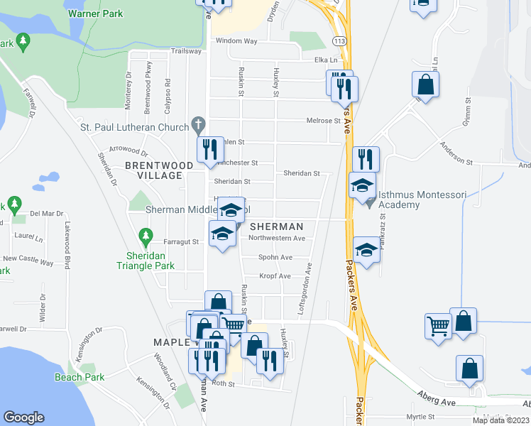 map of restaurants, bars, coffee shops, grocery stores, and more near 1902 Schlimgen Avenue in Madison