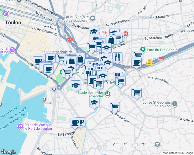 map of restaurants, bars, coffee shops, grocery stores, and more near 43 Rue Vincent Scotto in Toulon