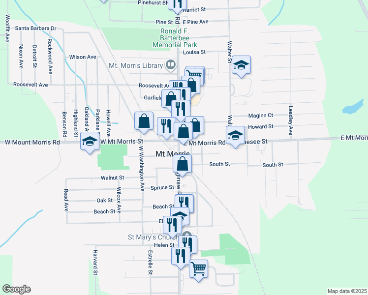 map of restaurants, bars, coffee shops, grocery stores, and more near 716 East Mount Morris Road in Mount Morris