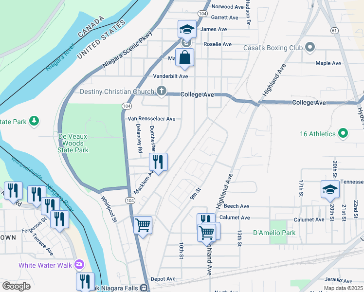 map of restaurants, bars, coffee shops, grocery stores, and more near 2992 McKoon Avenue in Niagara Falls