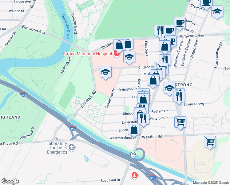 map of restaurants, bars, coffee shops, grocery stores, and more near 126 Castleman Road in Rochester