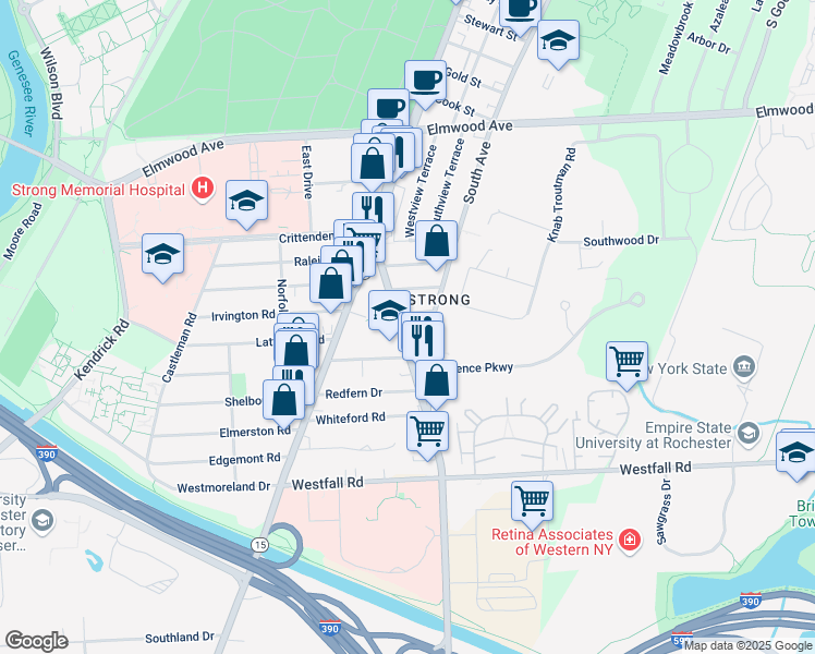 map of restaurants, bars, coffee shops, grocery stores, and more near 130 East Henrietta Road in Rochester