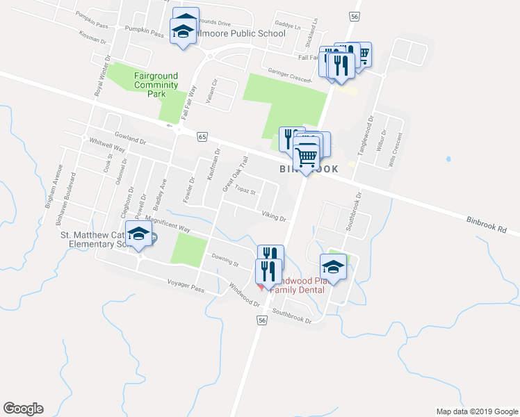 map of restaurants, bars, coffee shops, grocery stores, and more near 54 Viking Drive in Hamilton